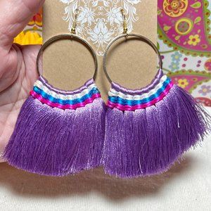 Large Fan Tassel Earrings Purple Hoops Long Smooth Silky Fringe Drop Dangles NWT